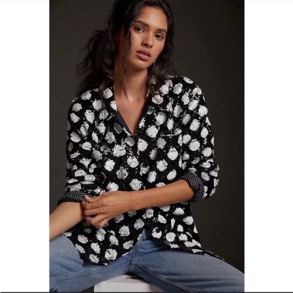 Anthropologie Maeve Sequin Shirt Jacket Black White Medium Holiday Party Festive